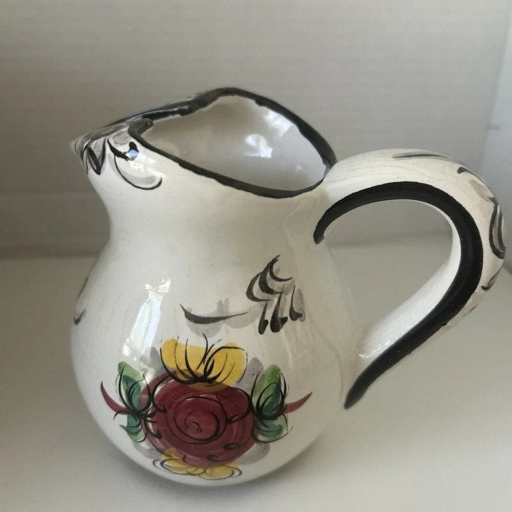 Hand Painted Ceramic Floral Mini Pitcher Glossy Pottery Portugal CG28